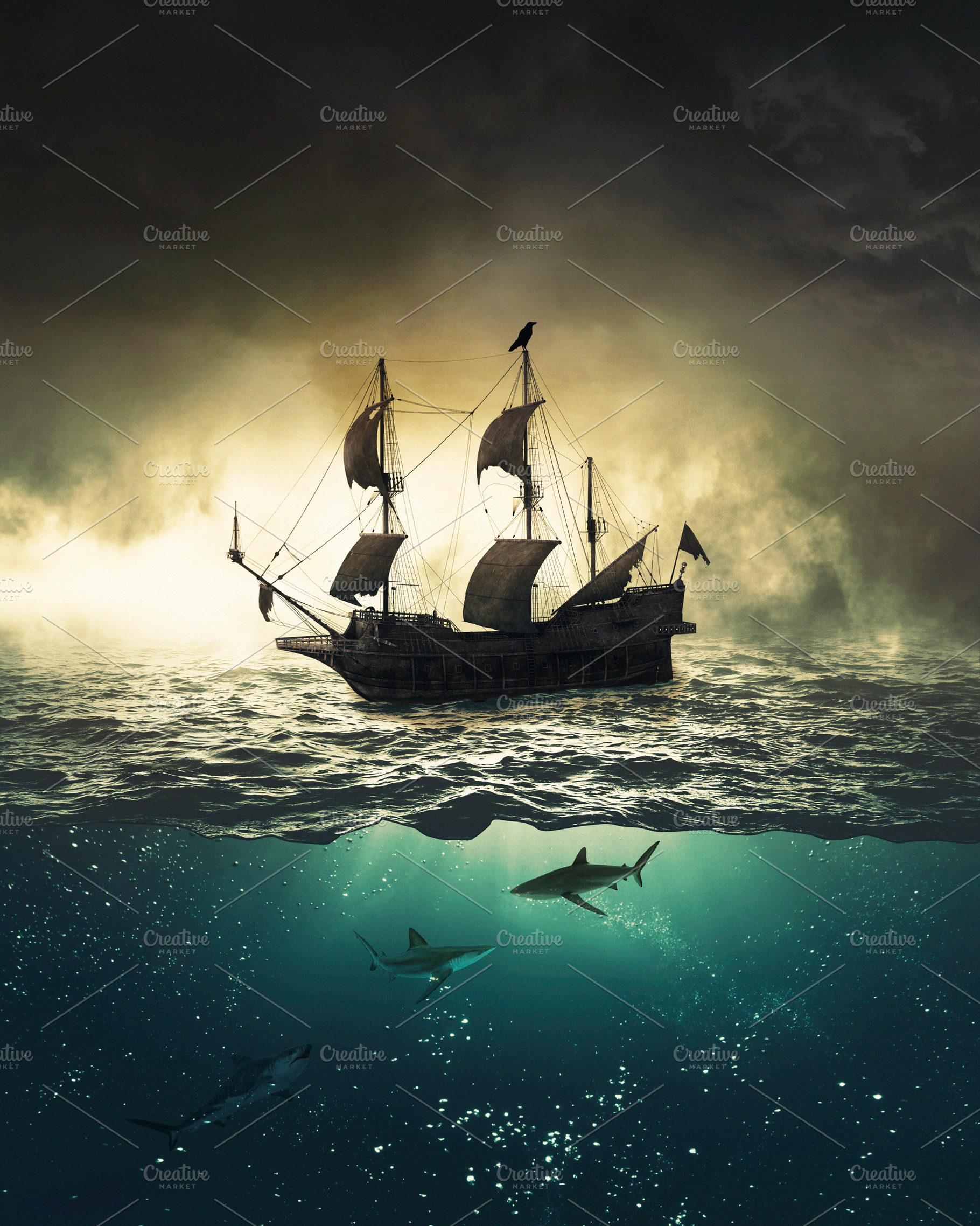 Sailing ship with sharks underwater, a Photo by Javier Art Photography