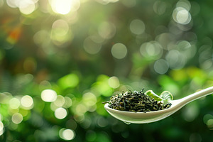 Dry tea leaves in spoon blurred green background, a Food & Drink Photo by AlyaAnd