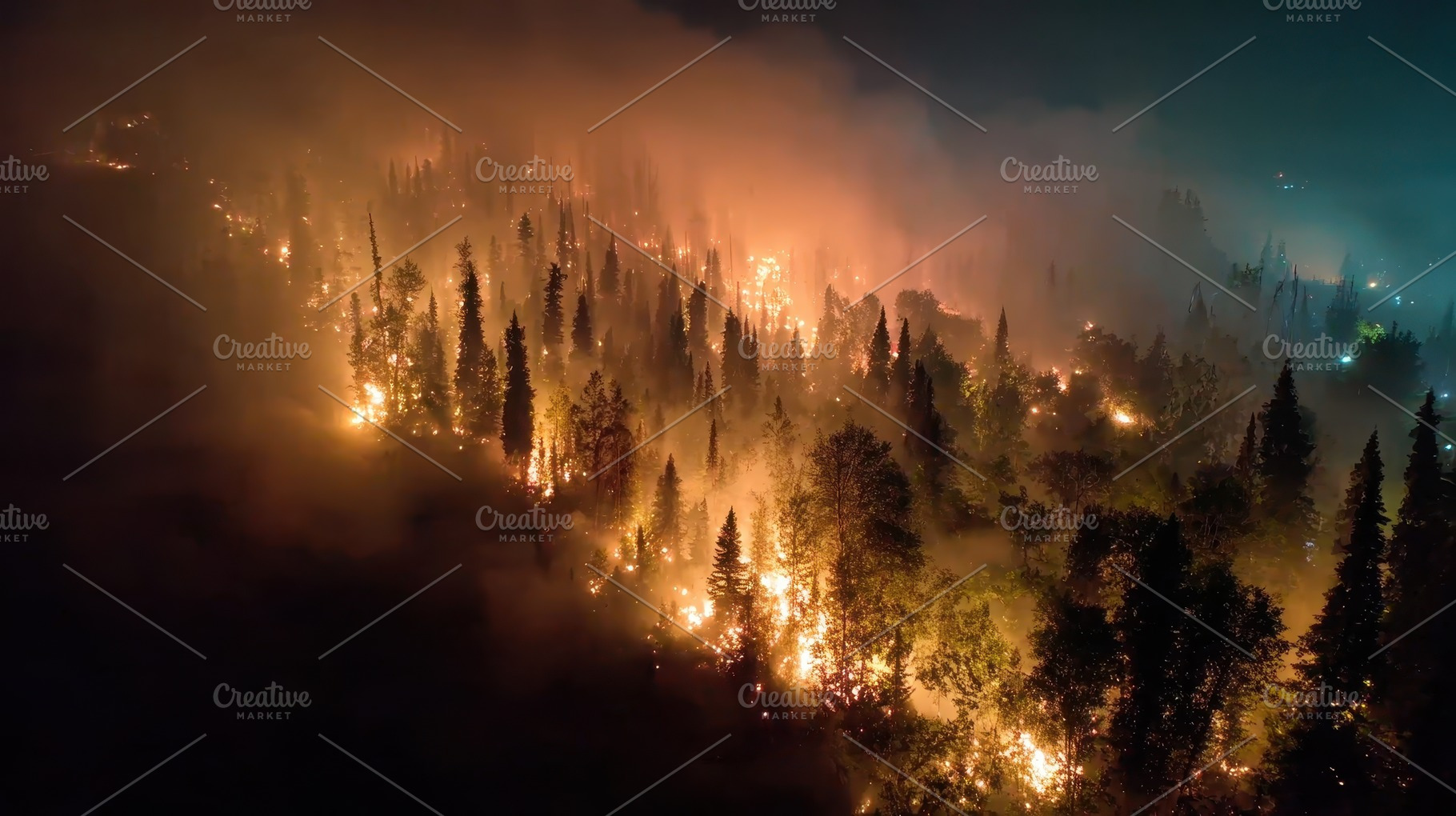 Nighttime forest fire aerial view bu, a Photo by Pixeness Studio