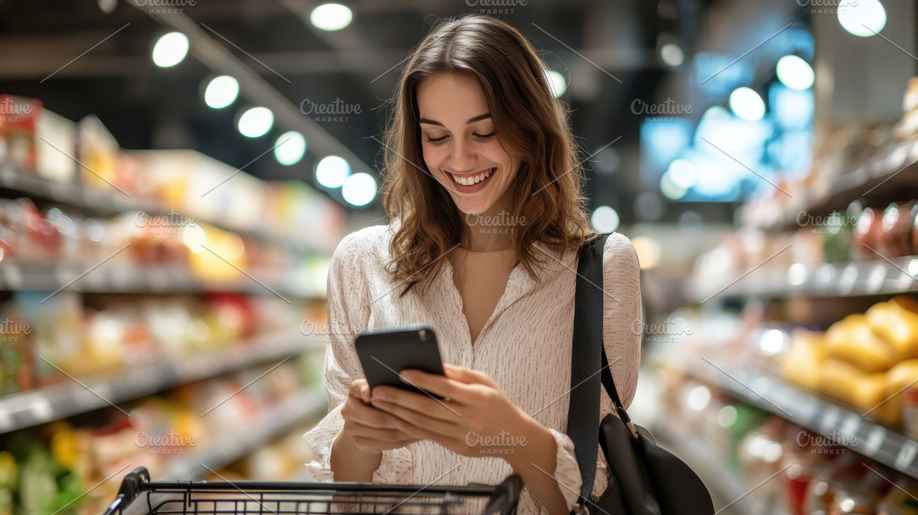 Happy woman at grocery store, a Photo by Beautiful things