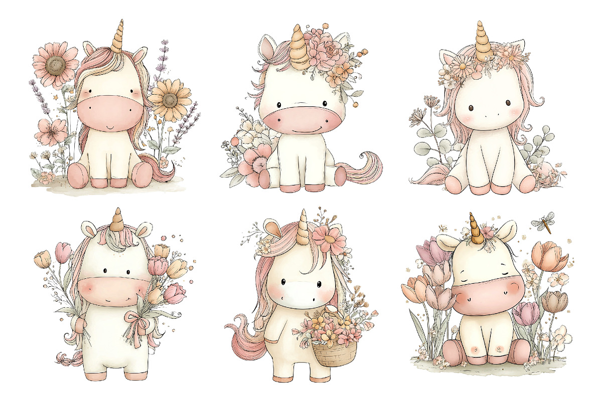 Cute Unicorn Floral Clipart, an Animal Illustration by Creative Art (Photo 3 of 7)