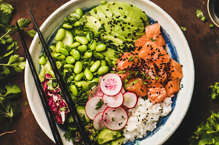 Salmon poke bowl or sushi bowl with featuring food, healthy, and trendy, a Food & Drink Photo by Foxys