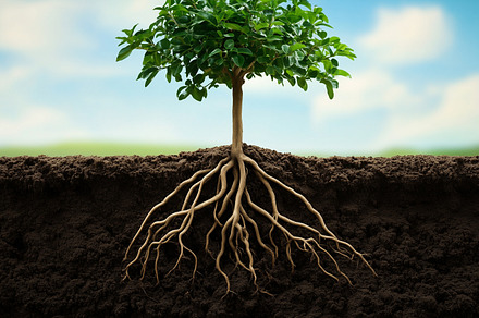 Green tree in soil with visible and, a Nature Photo by MistyDay