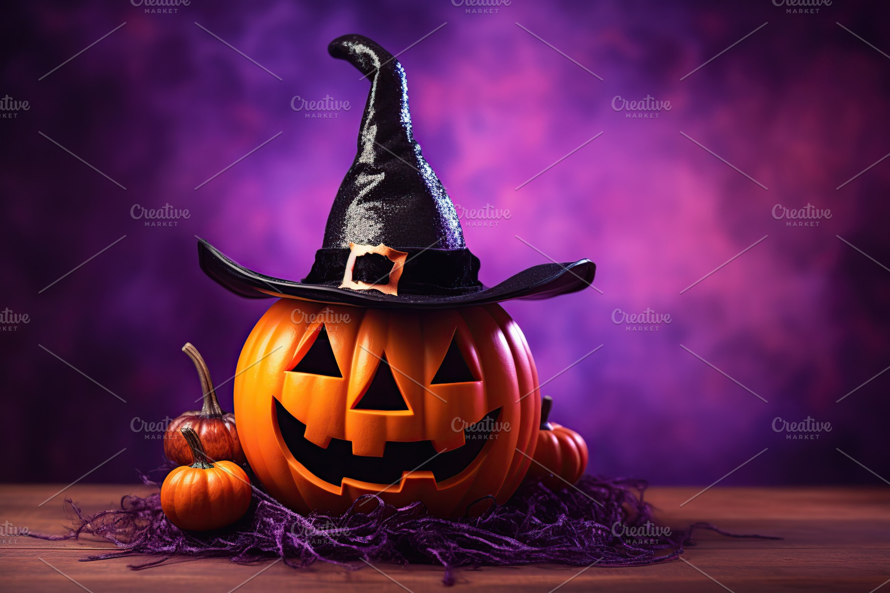 Halloween pumpkin in witches hat on violet background, a Holiday Photo by AlyaAnd