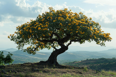 Blooming yellow tree stands majestic, a Photo by Tanuart