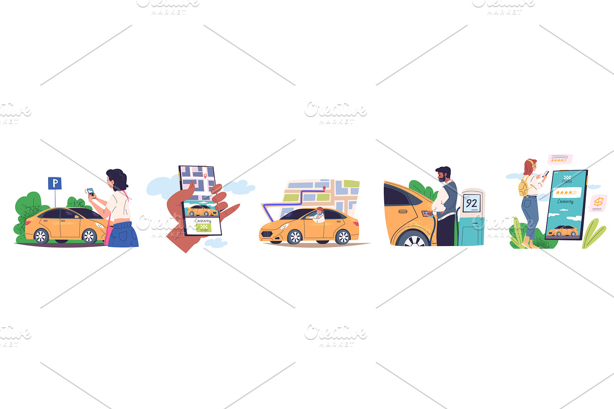 People sharing car. Online rent, a Transportation Illustration by Stock-Smart-Start