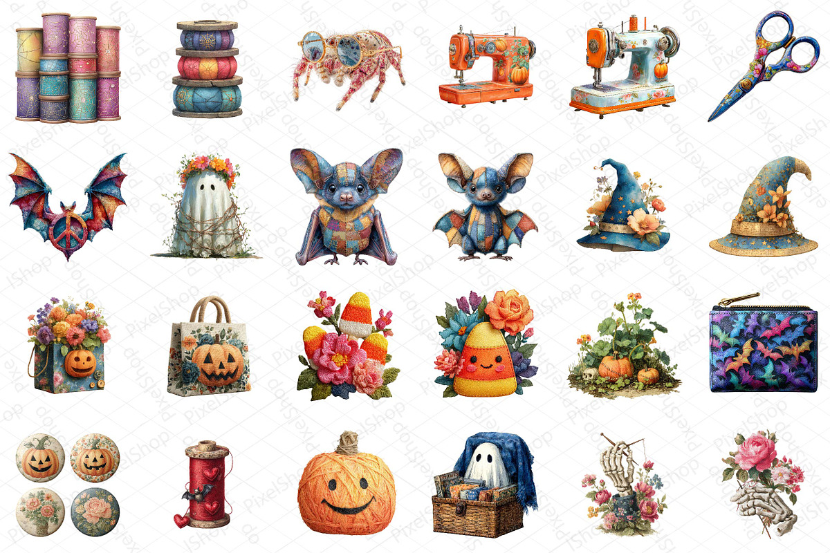 Groovy Halloween Sewing Clipart PNG, an Illustration by DreamPrint404 (Photo 2 of 5)