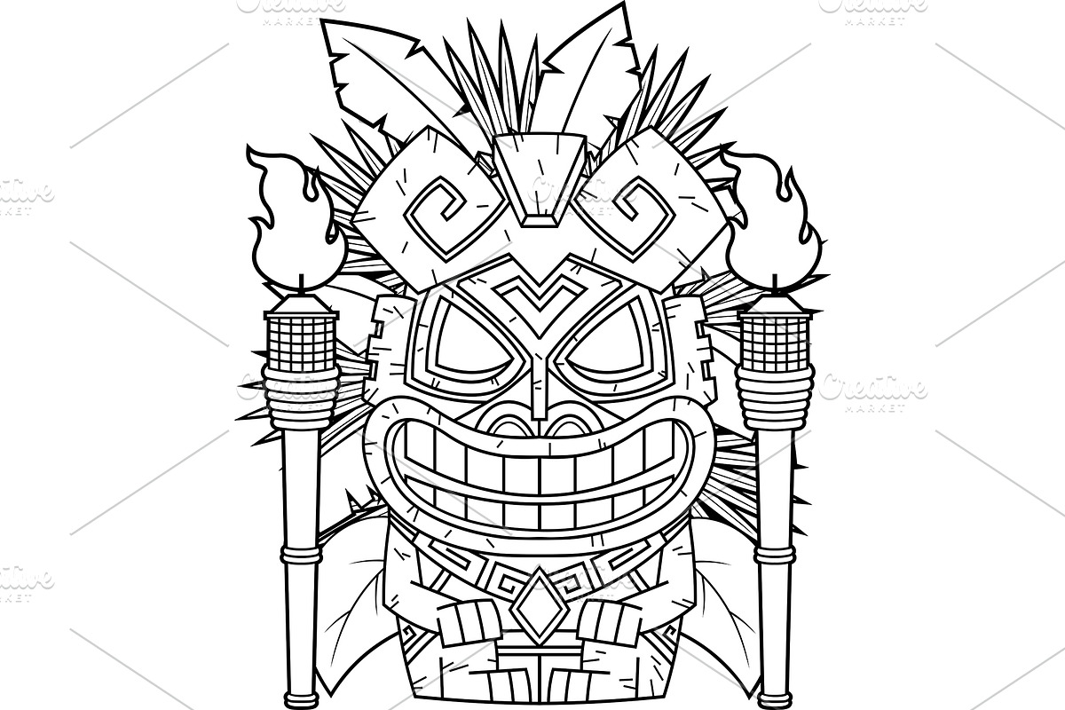 Happy Tiki Mask Coloring Page, an Illustration by HitToon