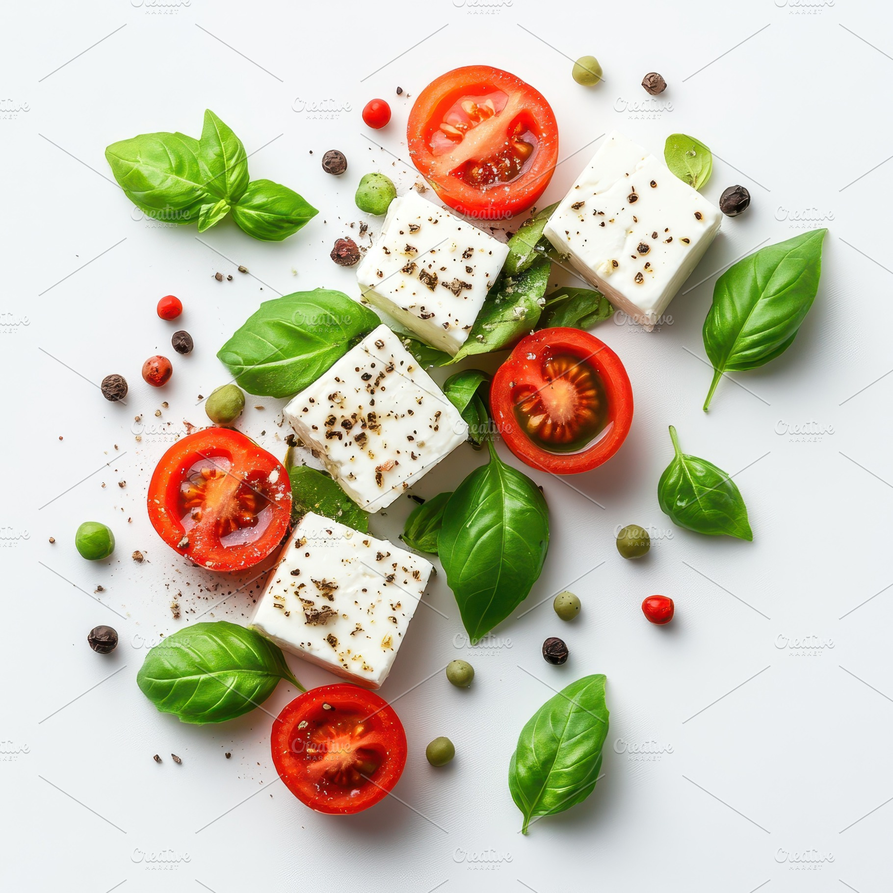 Feta cheese tomato basil salad fresh, a Food & Drink Photo by Pixeness Studio