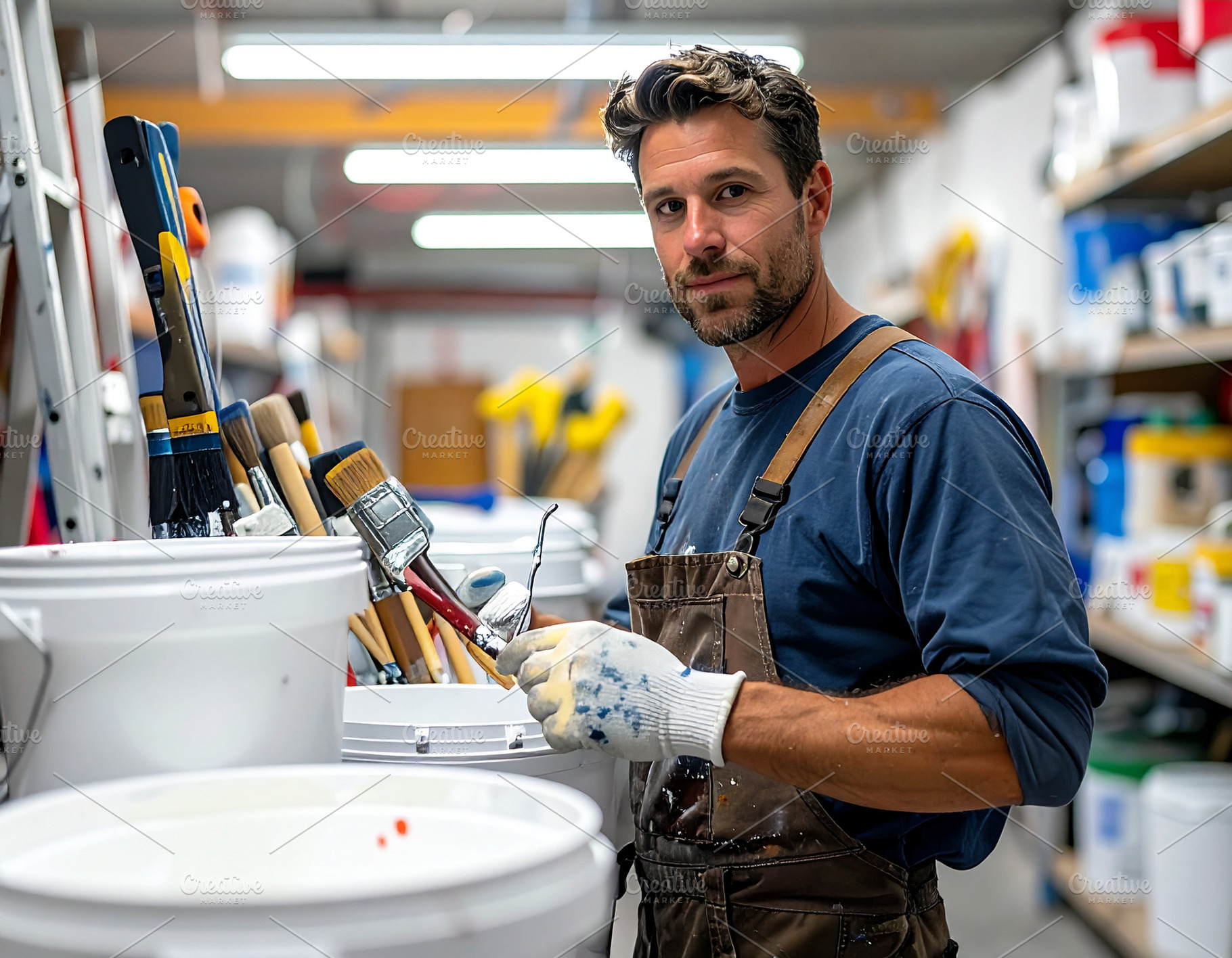 Painter standing with white buckets in a warehouse, a Person Photo by DanFLCreativo