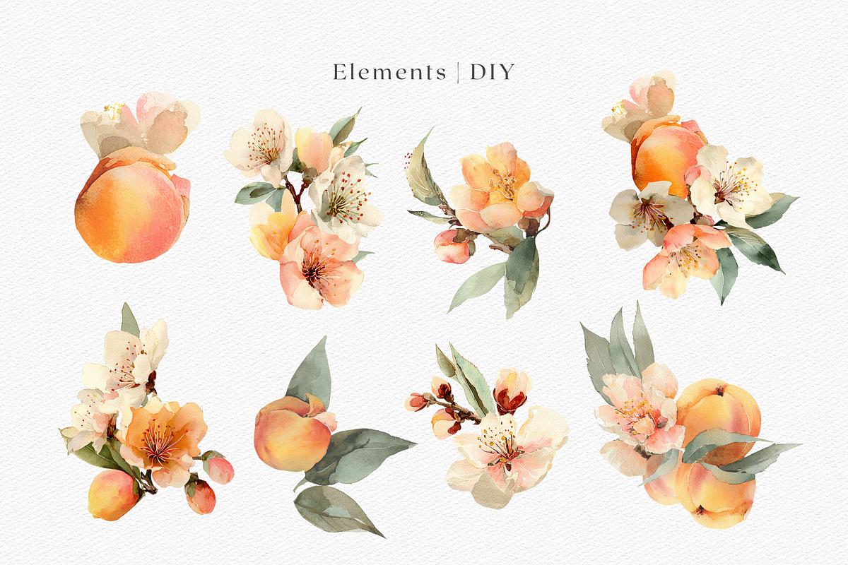 Watercolor Peach Bouquet Clipart, a Decorative Illustration by ThaismotaCreativeCo (Photo 2 of 13)