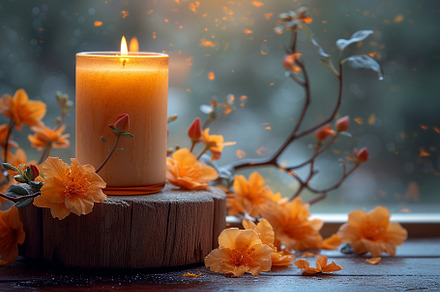 A lit candle rests on a wooden holde, a Wallpaper Photo by Elena Vagengeim