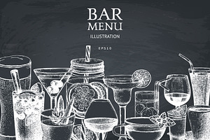 Vintage Bar Menu. Drinks Sketches