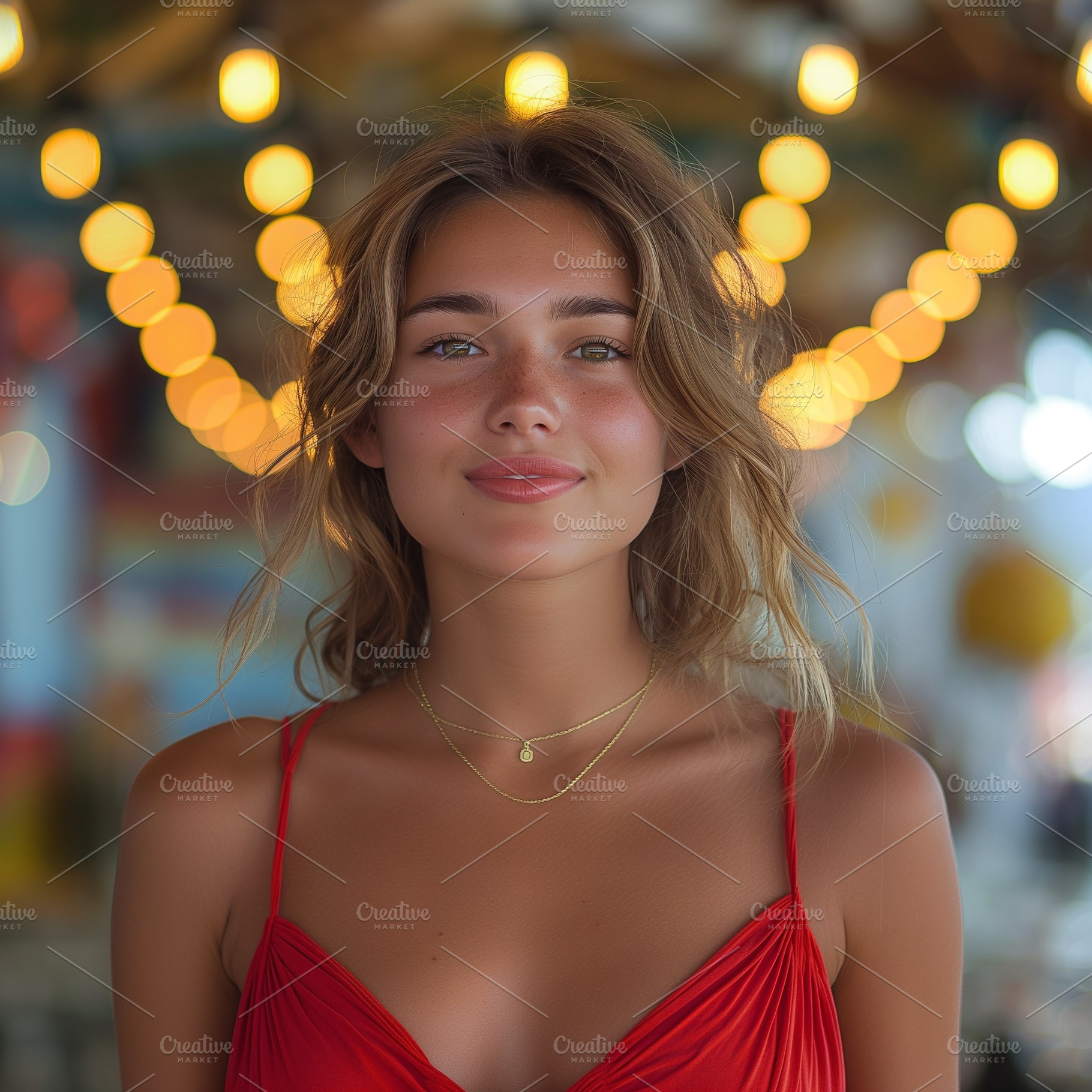 A young woman with light brown hair, wearing a red dress, smiles gently against, a Person Photo by ImageMir