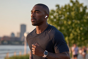 Man with athletic build jogging along waterfront path during sunset, a Person Photo by AlyaAnd