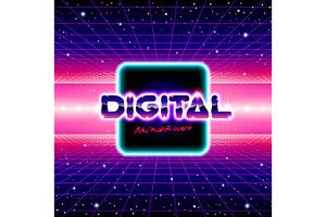 Retro styled futuristic landscape with lettering and shiny grid