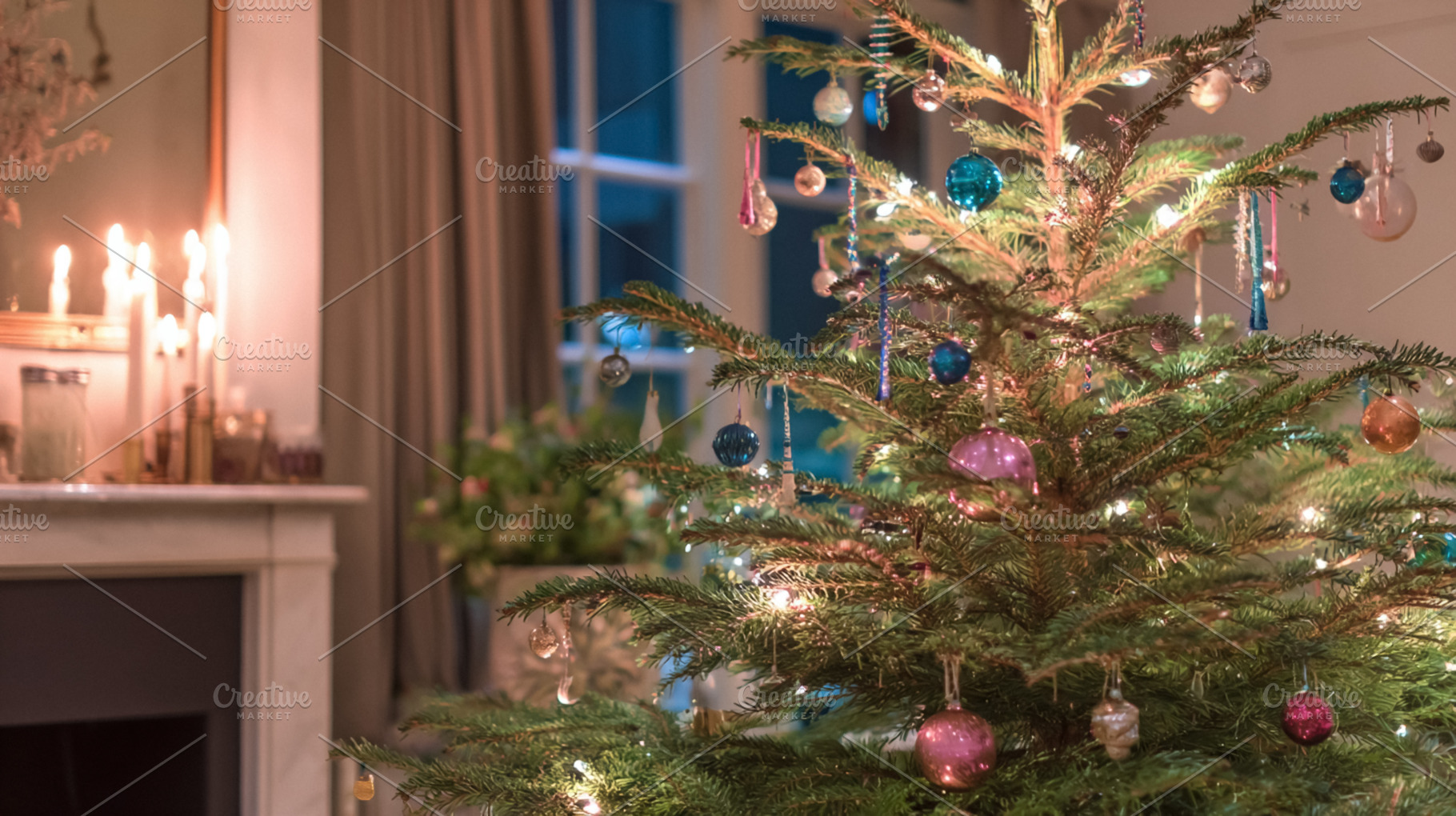 Christmas tree decorated with vintage glass ornaments and festive lights in a c, a Photo by Studio ANNA
