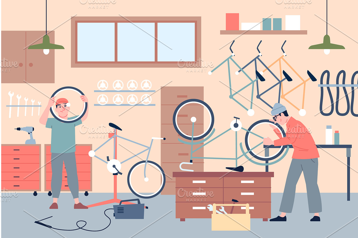 Bicycle repair service scene, an Illustration by LadadikArt