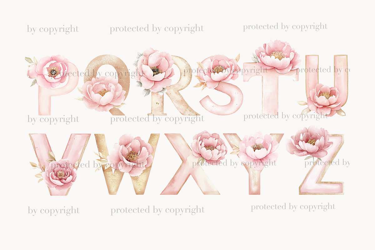 Pink Flowers Alphabet Clipart, a Decorative Illustration by GlamArtZhanna (Photo 4 of 8)