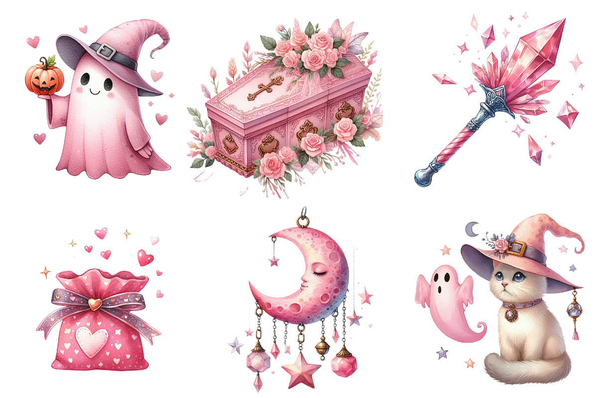 Charm Pink Halloween Clipart, an Illustration by Watercolor design (Photo 2 of 4)