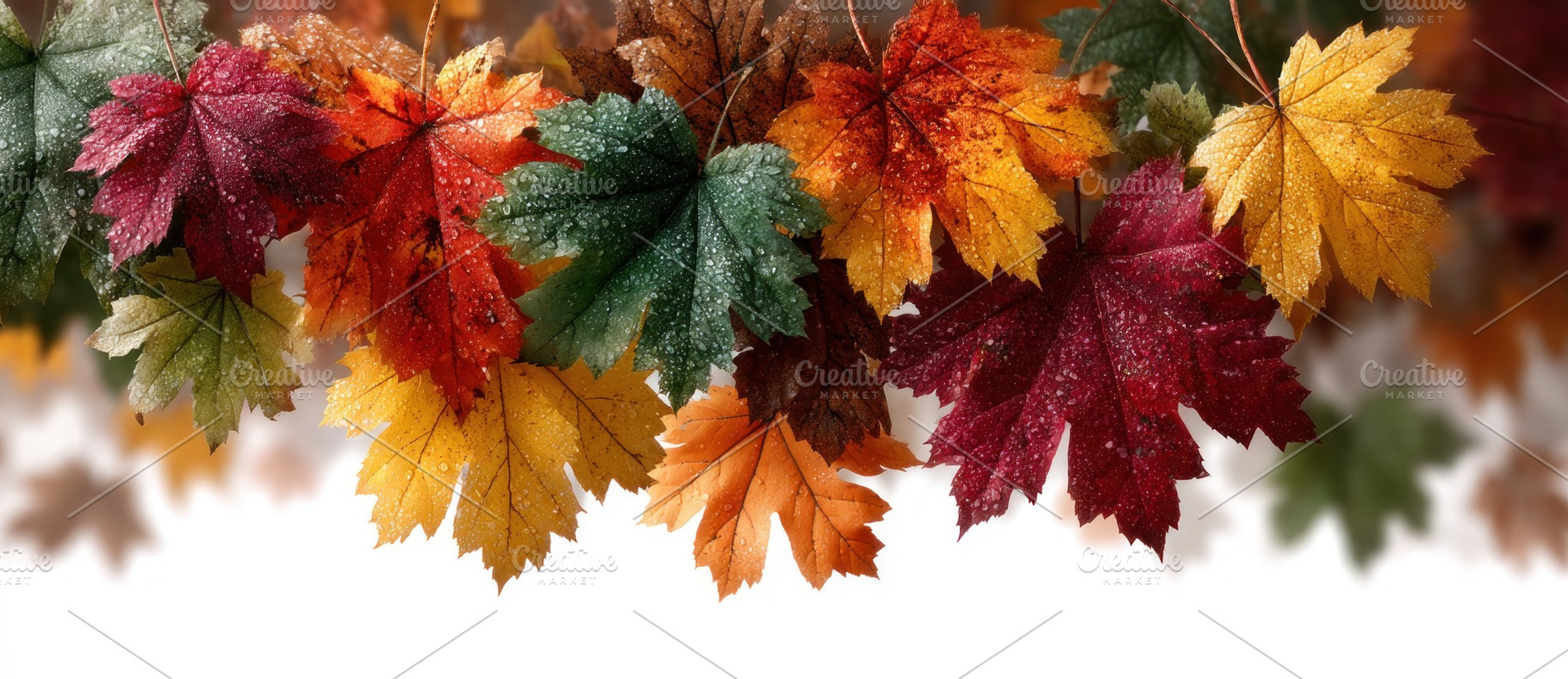 Maple leaves in vivid autumn colors with water droplets arranged, a Nature Photo by José Manuel Gelpi