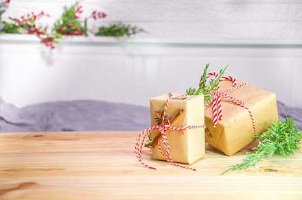 Christmas gift on with festive decorated room, a Holiday Photo by Rimma