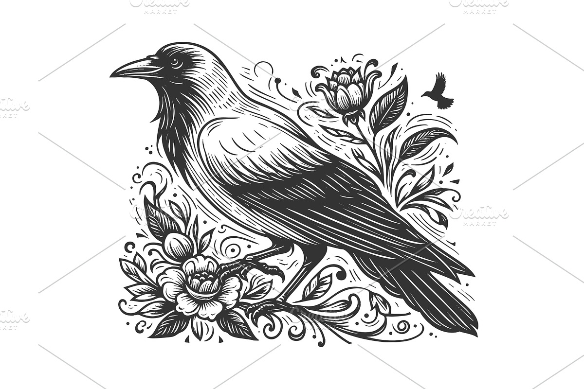 Floral Crow engraving sketch vector, an Animal Illustration by AlexArt
