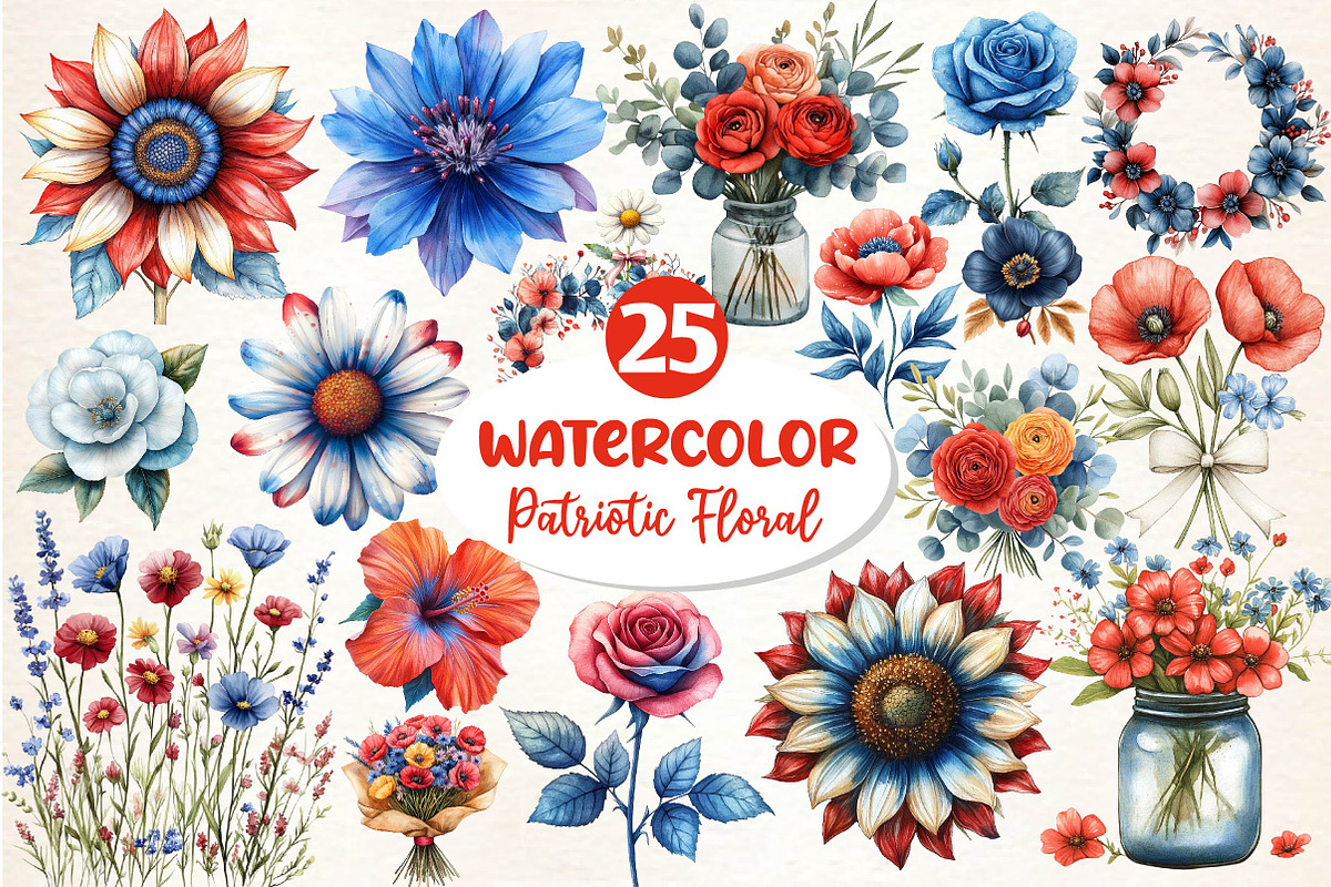 Watercolor Patriotic Floral Clipart, an Illustration by Dream Creation (Photo 1 of 5)