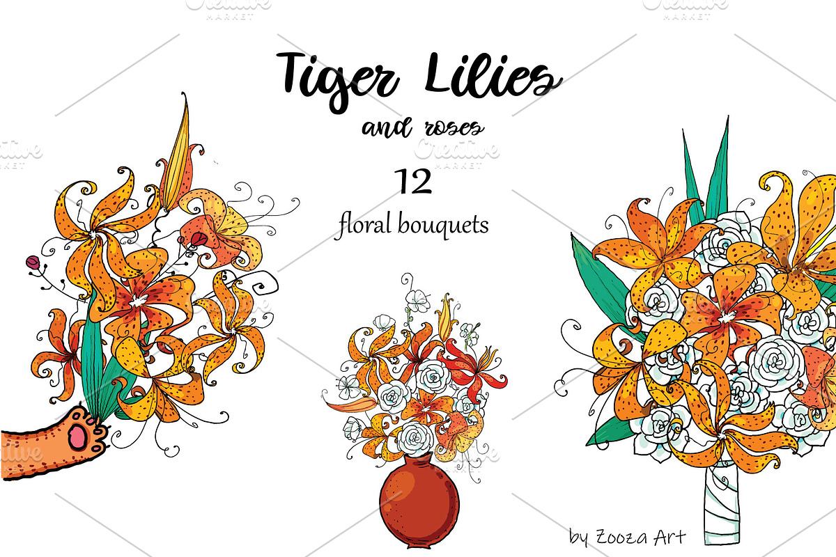 Tiger Lilies & Roses - clip-art, an Illustration by Zooza Art (Photo 8 of 15)