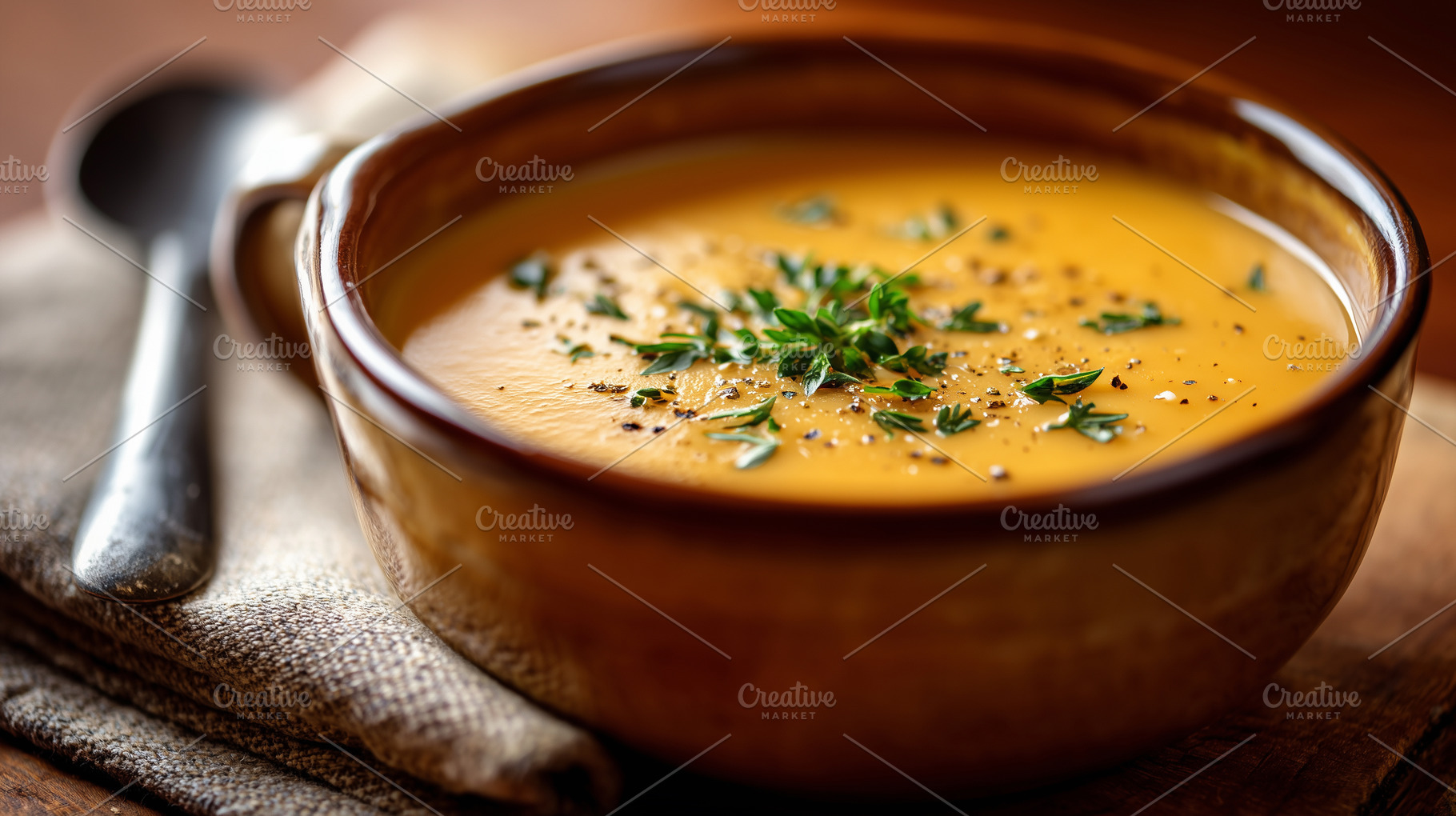 Creamy pumpkin soup in a rustic bowl, a Food & Drink Photo by MistyDay