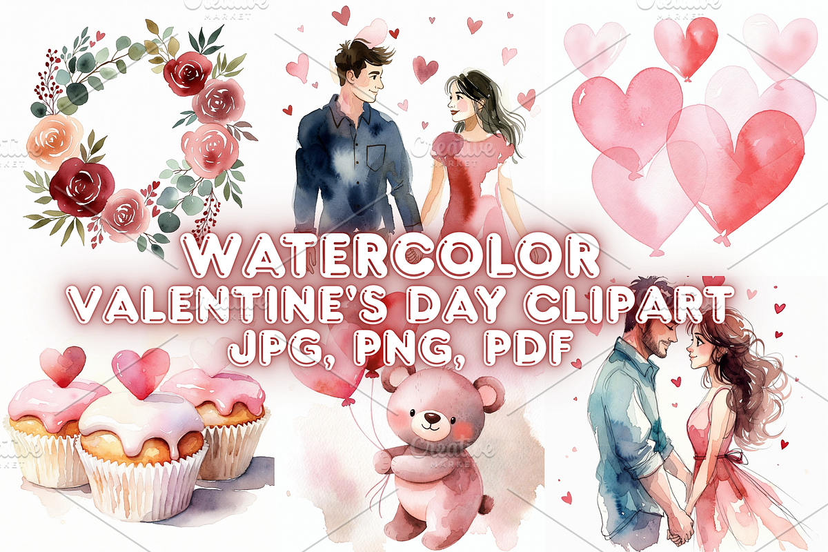 Watercolor Valentine's Day Clipart, a Seasonal Illustration by Creative design (Photo 1 of 7)