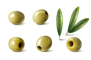 Pitted olives and green leaves set, a Food Illustration by art PVP - market
