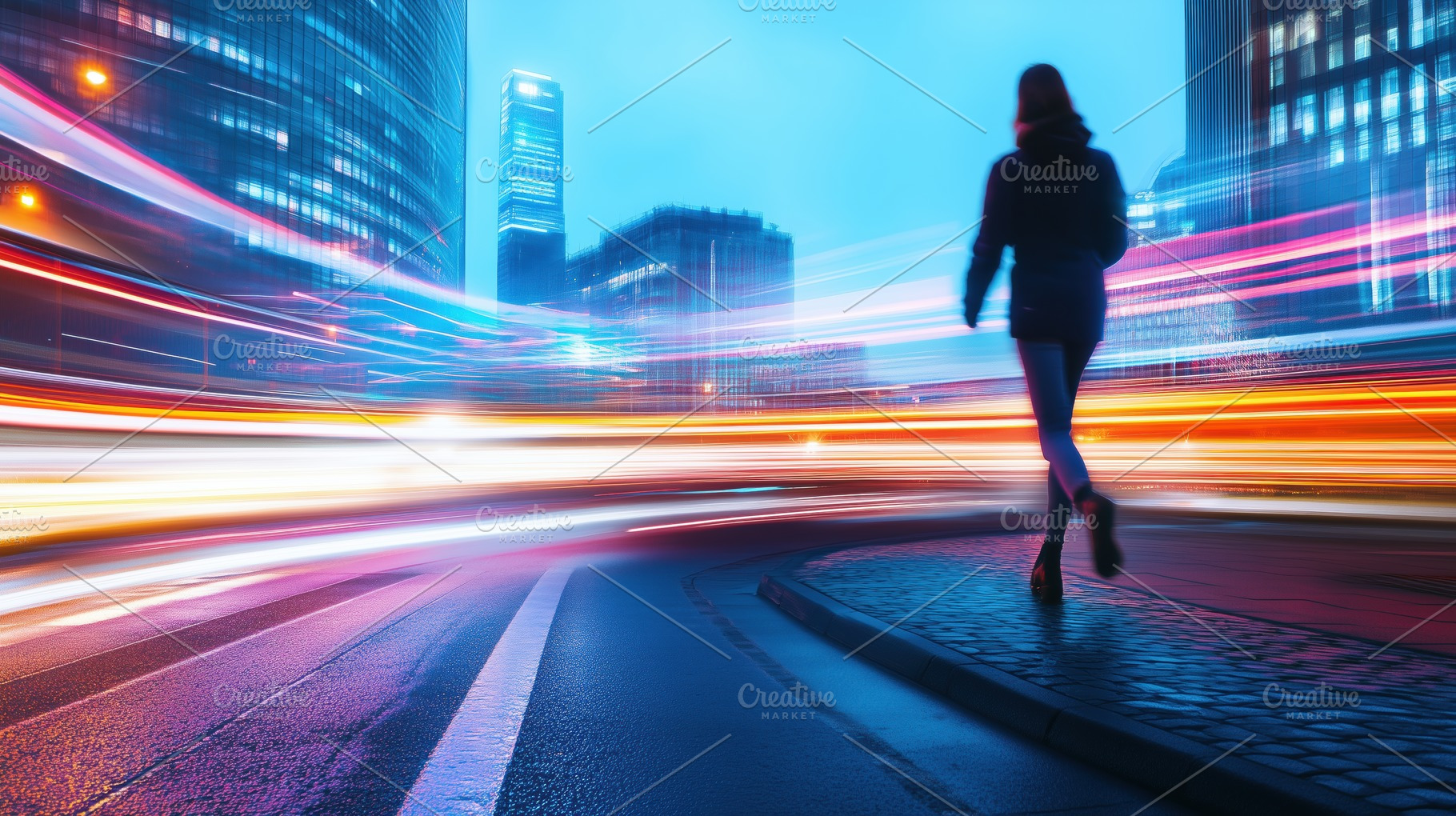A person walking on a city street at dusk, with vibrant light trails from passi, a Person Photo by Textures & Backgrounds