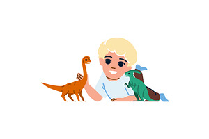 Blond boy playing with toy dinosaurs, an Education Illustration by pikepicture