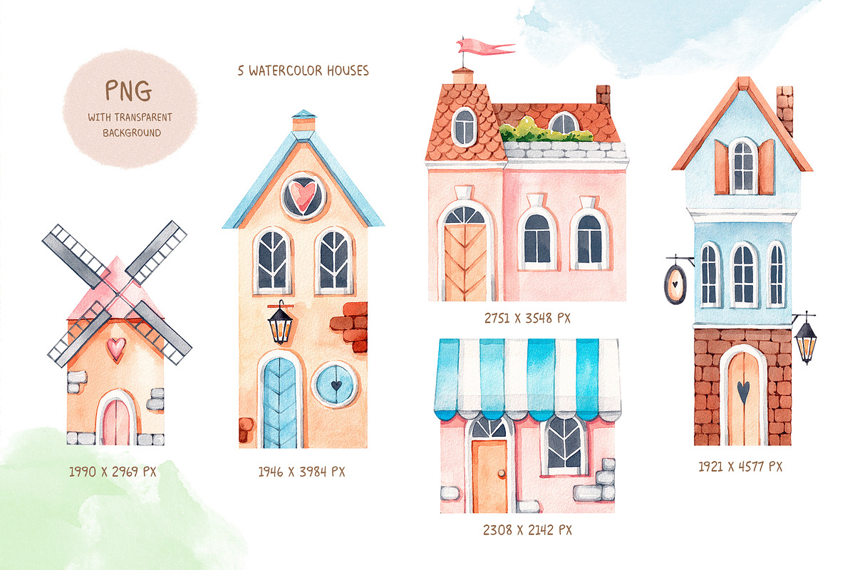 My little town. Watercolor clipart, a Decorative Illustration by VerAna (Photo 2 of 11)