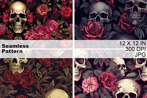 Gothic Skull Rose Seamless Pattern