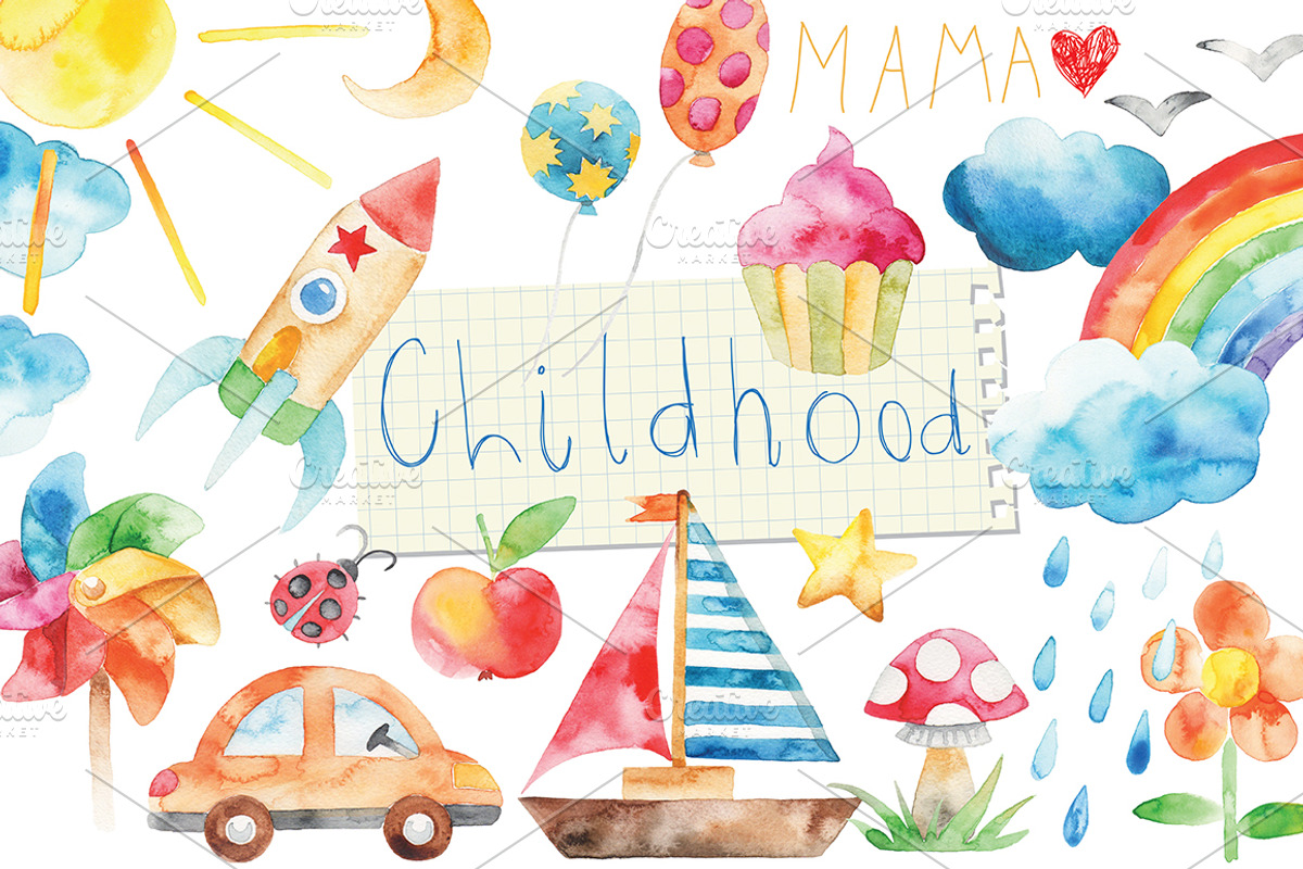 watercolor happy childhood set, a Food Illustration by artnLera (Photo 1 of 2)