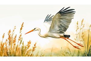 Stork Flying Low Over Reeds, an Animal Illustration by LadadikArt
