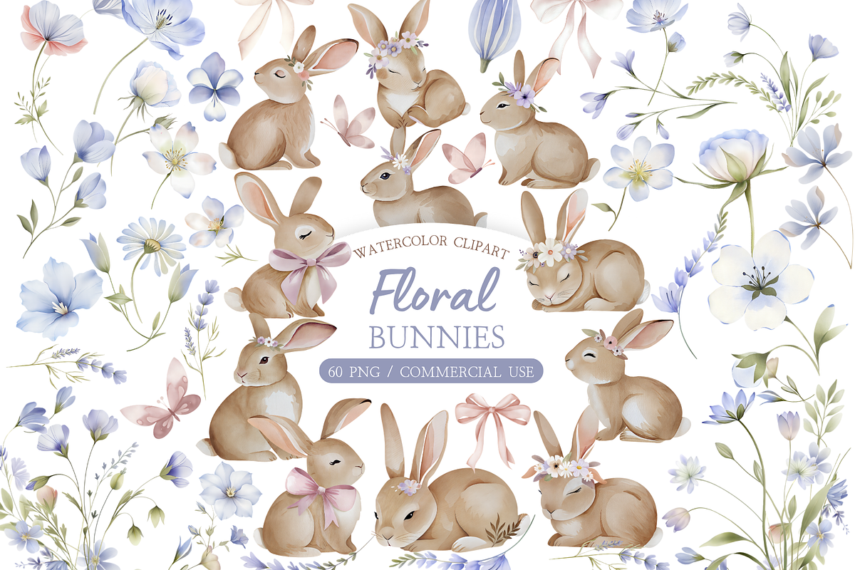 Watercolor Floral Bunny Clipart, an Illustration by MockupWizard (Photo 1 of 5)