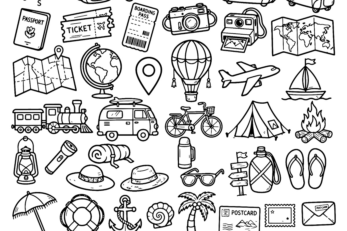 Set of travel outline doodle signs, a Transportation Illustration by Voodz_shop (Photo 2 of 3)