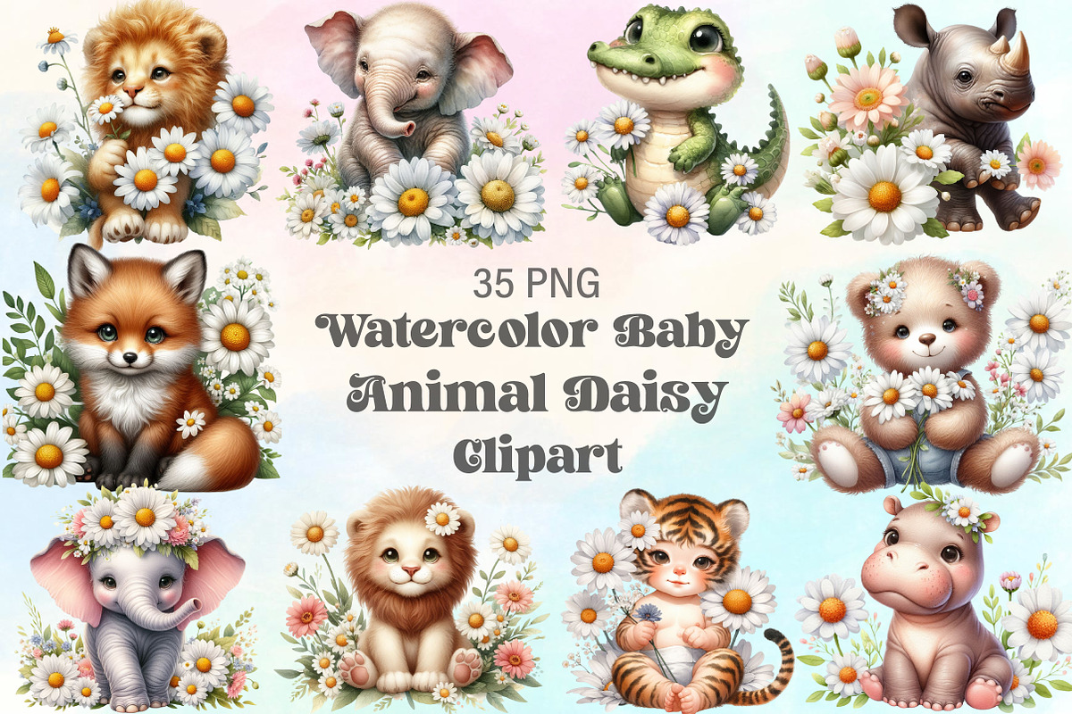 Watercolor Baby Animal Daisy Clipart, an Icon by CraftArtStudio (Photo 1 of 3)
