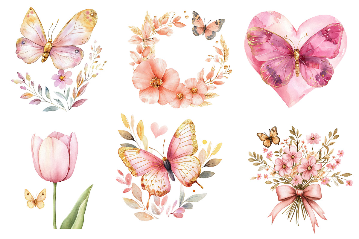 butterfly and Flower Clipart, an Illustration by Watercolor design (Photo 3 of 5)
