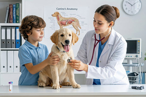 Boy and Vet Checking Golden Retriever, an Animal Photo by Davizro's Market