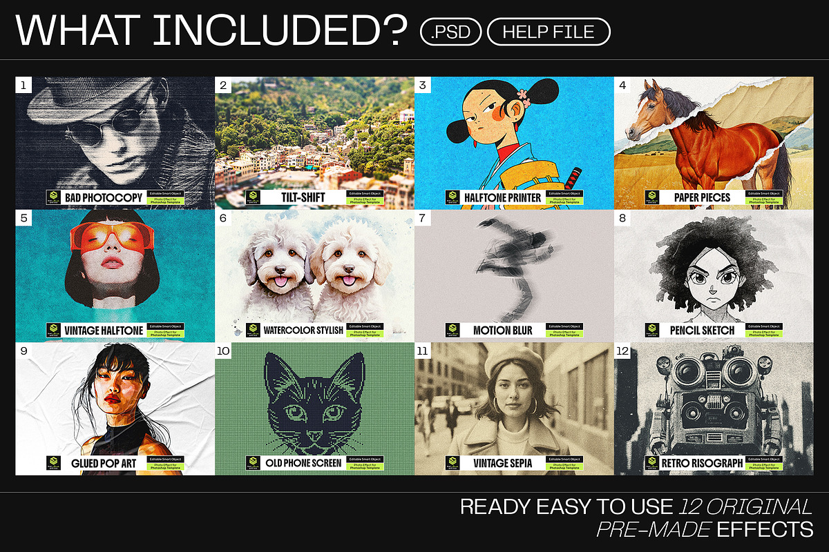 12 Photo Effect Templates, a Layer Style Add-On by iDoodle Studio