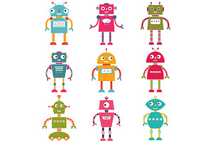 Cute Robot Characters, Set Of Nine