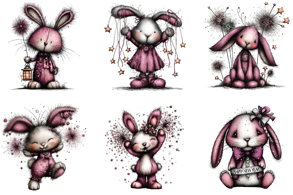 Whimsical New Year Bunny Clipart, an Illustration by CraftArtStudio (Photo 3 of 6)