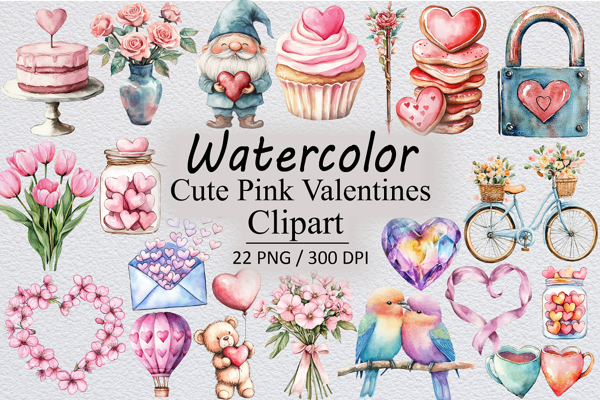 Cute Pink Valentines Clipart, an Illustration by Design Market (Photo 1 of 3)