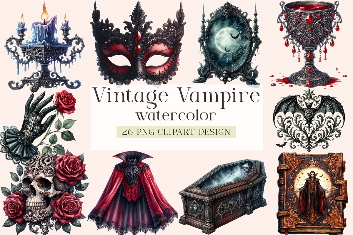Vintage Vampire Clipart Designs, a Seasonal Illustration by DreamArtGraphic (Photo 1 of 5)