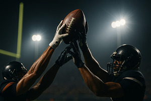 American football players reaching f, a Photo by Dvoevnore photos