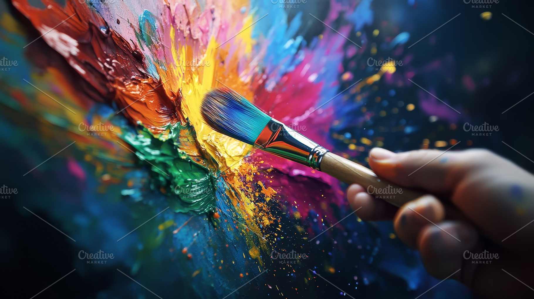 Hand holding paintbrush creating colorful abstract artwork, an Abstract Photo by Natalia Klenova's Shop